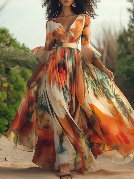 

Vacation Floral Printing V Neck Maxi Dress, Orange, Maxi Dresses