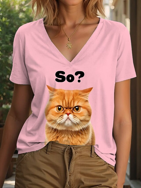 

Casual Cat V Neck Short Sleeve T-shirt, Pink, T-shirts