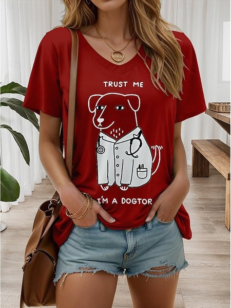 

Casual Dog V Neck Short Sleeve T-shirt, Wine red, T-shirts