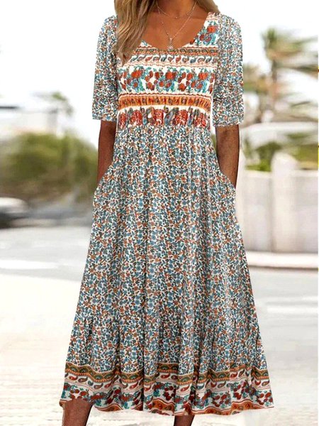 

Women Floral Crew Neck Short Sleeve Comfy Casual Maxi Dress, Gray, Maxi