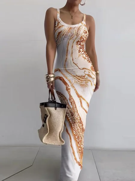 

Vacation Random Print Spaghetti Maxi Dress, As picture, Maxi Dresses