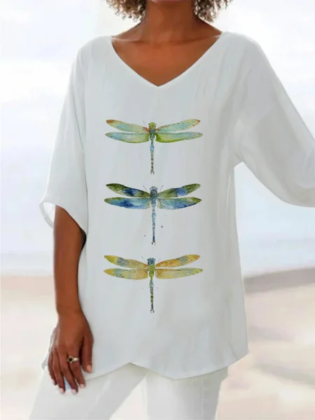 

Women Dragonfly Short Sleeve Shirt Summer Printing V Neck Daily Casual Top, White, Blouses
