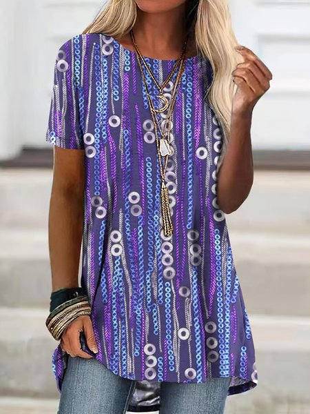 

Casual Geometric Crew Neck Short Sleeve T-shirt, Purple, T-shirts