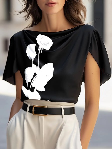 

Urban Floral Printing Cowl Neck Blouse, Black, Blouses and Shirts