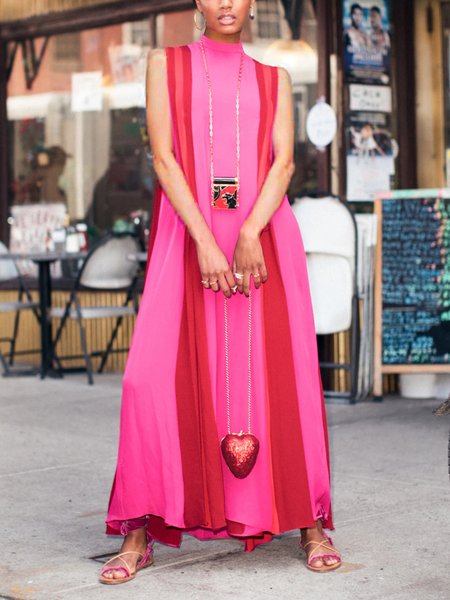 

Elegant Color Block Loosen Stand Collar Maxi Dress, As picture, Maxi Dresses