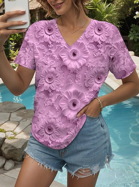 

Casual Floral V Neck Short Sleeve T-shirt, Pink, T-shirts