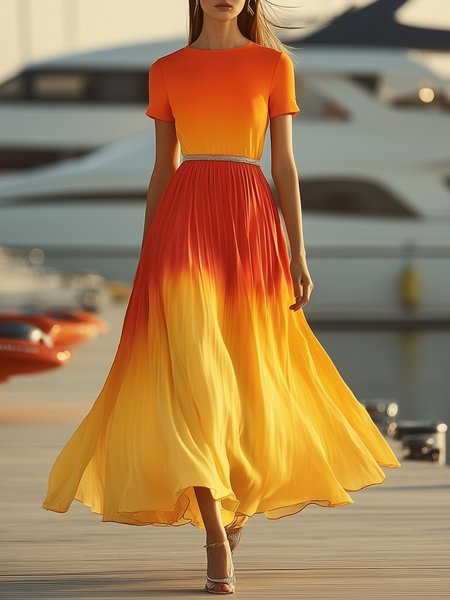 

Vacation Ombre Printing Crew Neck Maxi Dress, As picture, Maxi Dresses
