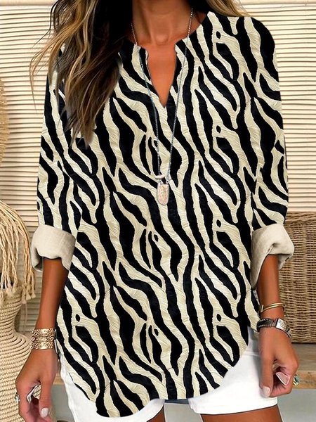 V Neck Long Sleeve Geometric Regular Micro-Elasticity Regular Fit Shirt For Women, Brown, Shirts