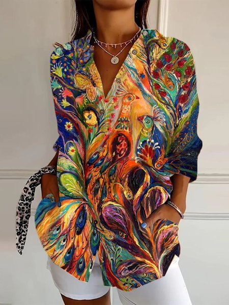 

Vintage Animal Art Print Long Sleeve Comfy Loose Shirt For Women, As picture, Shirts