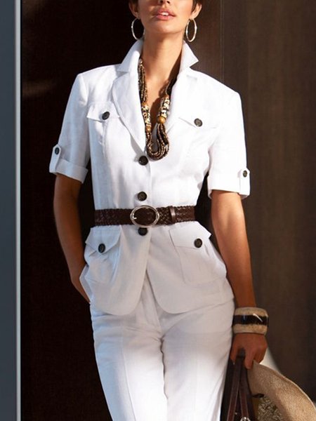 

Linen Blend Urban Plain Lapel Collar Shirt No Belt, White, Blouses and Shirts