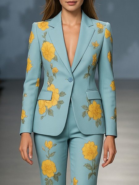 

Urban Floral Printing Lapel Collar Blazer, As picture, Blazers