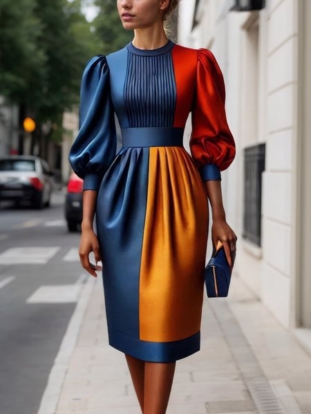 

Elegant Color Block Balloon Sleeve Midi Dress, As picture, Midi Dresses