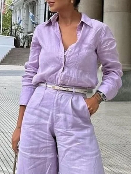 

Plus Size Cotton And Linen Urban Plain Shirt, Purple, Plus Tops