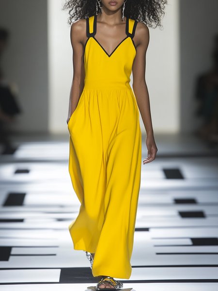 

Casual Split Joint Plain V Neck Cami Bib Pants, Yellow, Jumpsuits