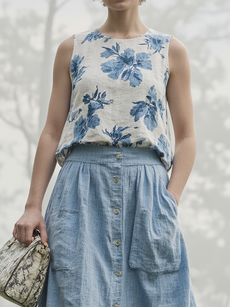 

Linen Casual Floral Crew Neck linen-cotton Tank Top, Blue, Tank Tops & Camis