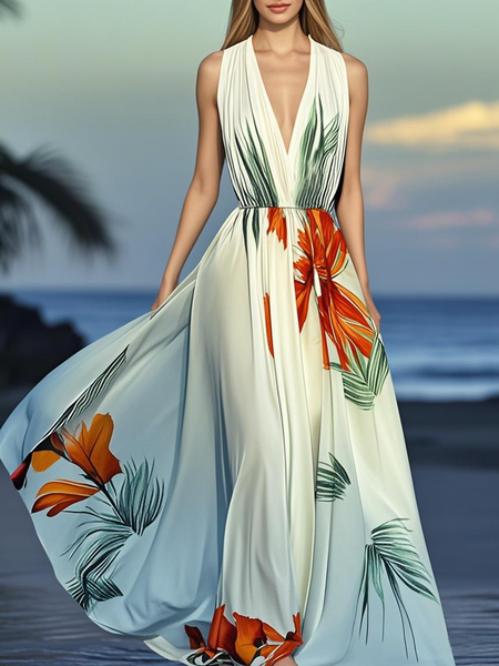 

Vacation Floral Printing V Neck Maxi Dress, As picture, Maxi Dresses
