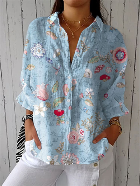 

Vintage Hand Painted Casual Linen V Neck Shirt, Light blue, Blouses & Shirts