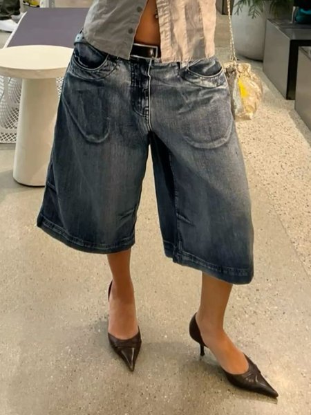 

Plain Loose Casual Denim Shorts, Deep blue, Denim Shorts