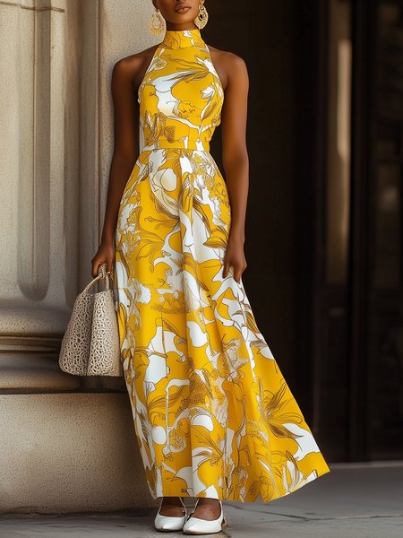 

Vacation Floral Printing Halter Maxi Dress, Yellow, Maxi Dresses