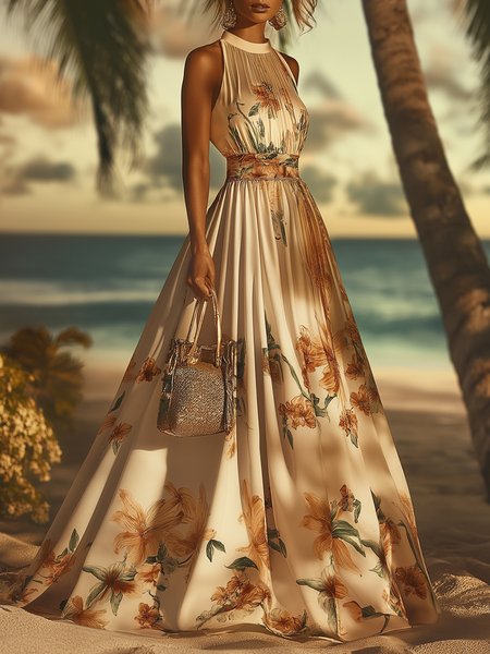 

Vacation Floral Printing Mock Neck Maxi Dress, As picture, Maxi Dresses
