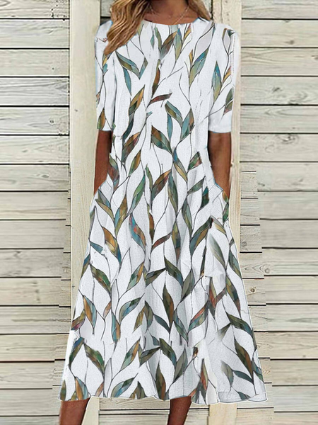Women Floral Crew Neck Half Sleeve Comfy Casual Printing Maxi Dress, White, Dresses