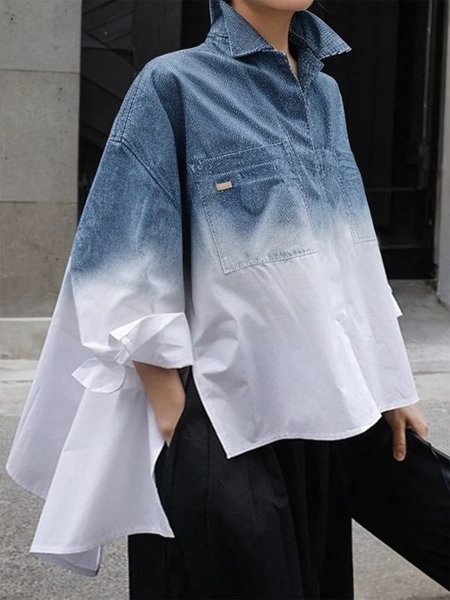 

Casual Ombre Printing Shirt Collar Shirt, Blue-white, Blouses and Shirts