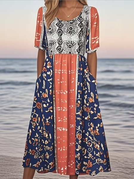 

Women Floral Crew Neck Short Sleeve Comfy Casual Maxi Dress, Red, Maxi