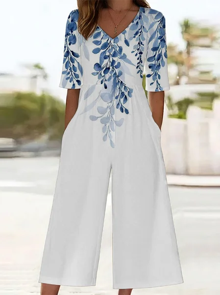 

Women Floral V Neck Half Sleeve Casual Summer Jumpsuit, White, Jumpsuits＆Rompers