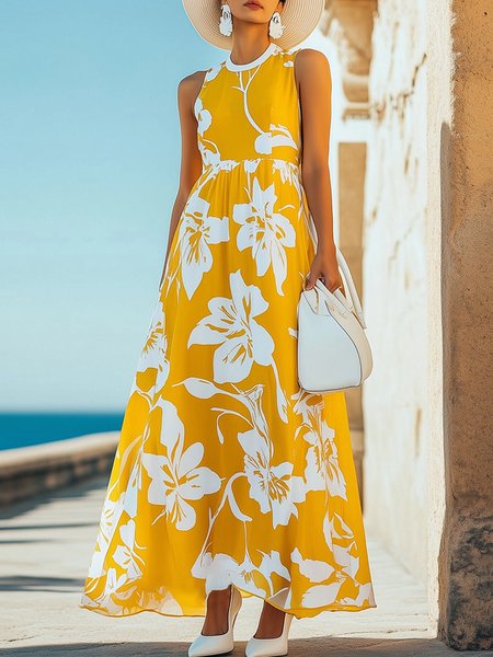 

Vacation Floral Printing Crew Neck Maxi Dress, Yellow, Maxi Dresses