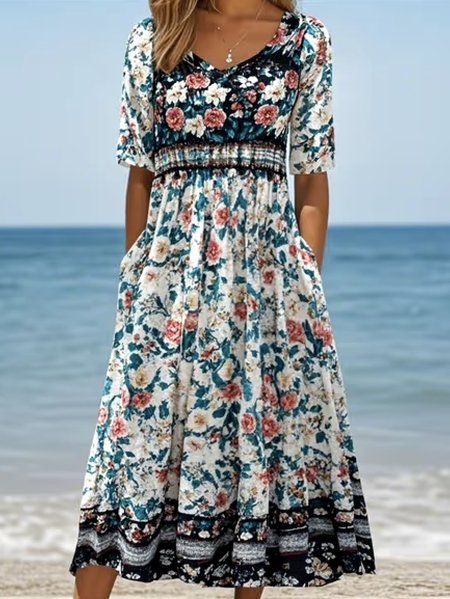 

Women Floral Crew Neck Short Sleeve Comfy Casual Maxi Dress, Lightgreen, Maxi
