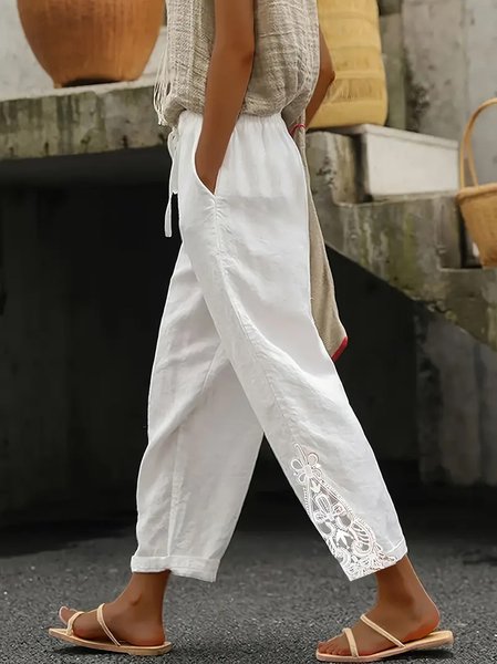 Women Floral Long Pant Casual Spring/Fall Trousers, White, Pants