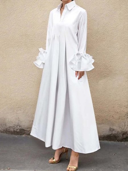 

Plus Size Urban Plain Ruffle Sleeve Shirt Collar Maxi Dress, White, Plus Dresses