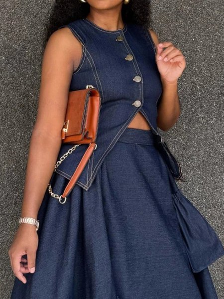 

Urban Denim Buttoned Plain Crew Neck Vest, Blue, Vests and Gilets
