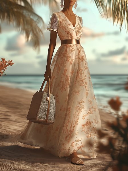 Vacation Floral Printing V Neck Maxi Dress No Belt, As picture, Maxi Dresses