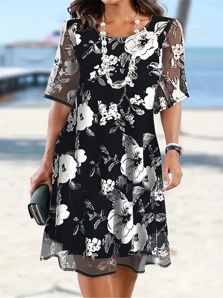 

Vacation Floral Crew Neck Midi Dress, Black, Midi Dresses