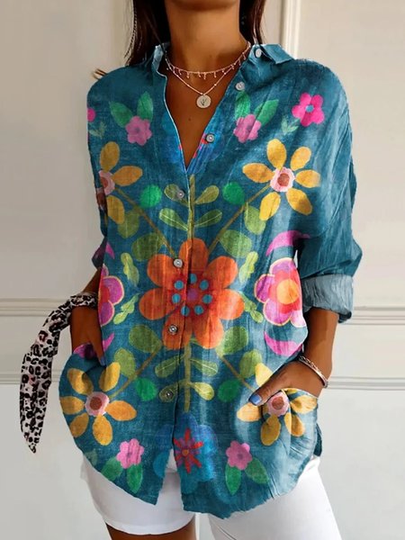 

Casual Floral Print Comfy Loose Long Sleeve Shirt For Women, Green, Shirts