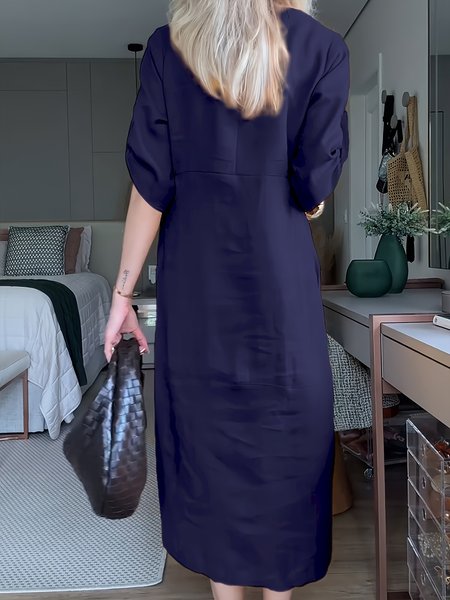 

Casual Plain Buttoned Crew Neck Maxi Dress, Navyblue, Midi Dresses