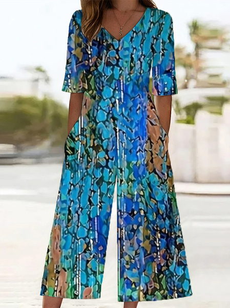 

Women Abstract V Neck Half Sleeve Casual Summer Jumpsuit, Cyan, Jumpsuits＆Rompers