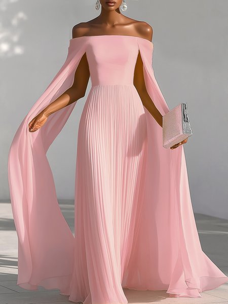 Elegant Plain Ruched Off The Shoulder Maxi Dress, Pink, Maxi Dresses