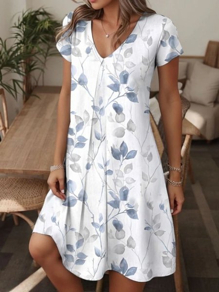 

Women Floral V Neck Short Sleeve Comfy Casual Midi Dress, White, Dresses