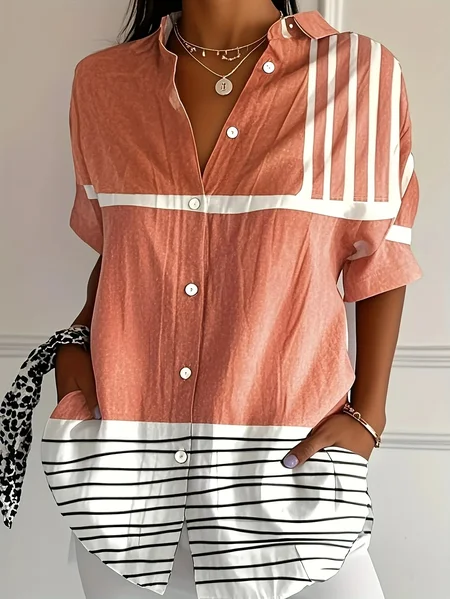 Shirt Collar Short Sleeve Geometric Regular Micro-Elasticity Regular Fit Shirt For Women, Orange, Blouses