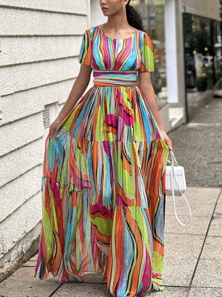 

Vacation Random Print Printing Crew Neck Maxi Dress, As picture, Maxi Dresses