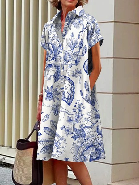 Casual Floral Shirt Collar Midi Dress, Blue, Midi Dresses