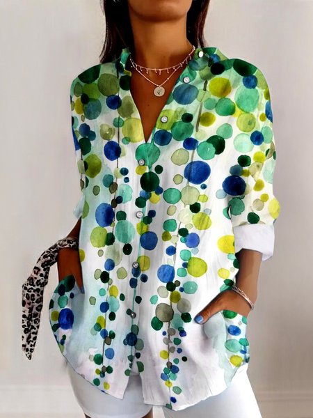 Shirt Collar Long Sleeve Geometric Regular Micro-Elasticity Regular Fit Shirt For Women, Green, Shirts