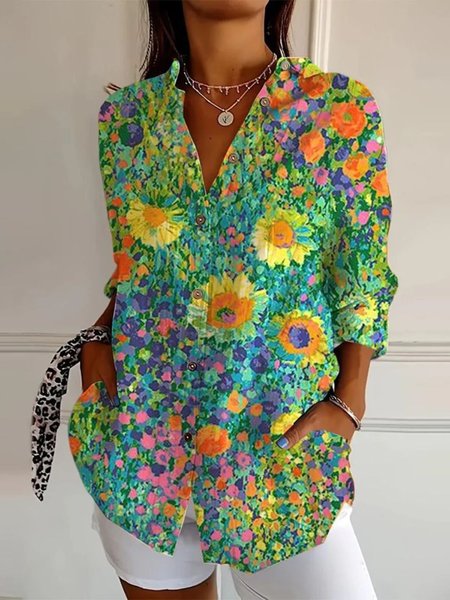 Casual Floral Art Print Comfy Loose Vacation Long Sleeve Shirt For Women, Green, Shirts