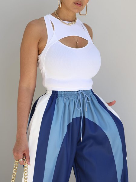 

Casual Plain Cut Out Crew Neck Tank Top, White, Tanks and Camis