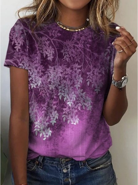 

Casual Leaves Print Crew Neck Short Sleeve Comfy T-shirt, Purple, T-shirts