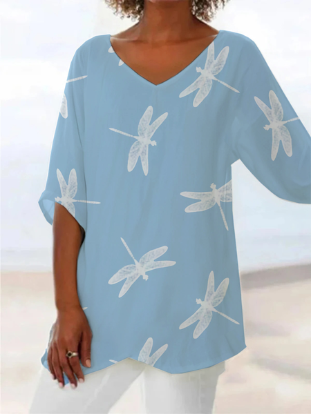 

Women Dragonfly Short Sleeve Shirt Summer Printing V Neck Daily Casual Top, Blue, Blouses