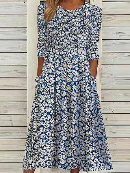 

Women's Floral Print Round Neck Everyday Long Casual Shift Dress, Blue, Maxi Dresses