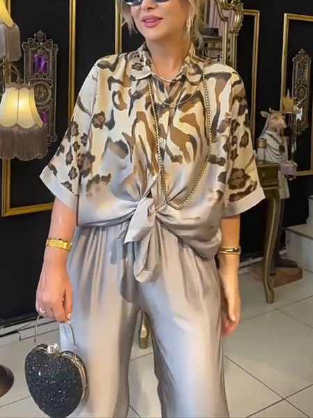 

Casual Leopard Printing Shirt Collar Raglan Sleeves Shirt, As picture, Blouses and Shirts